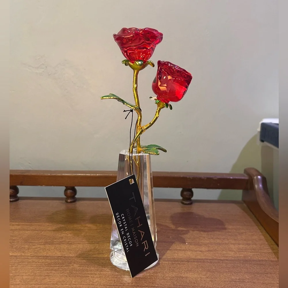TAHARI 12in Red Crystal Rose With Clear Crystal Vase Home Decor NWT - Picture 2 of 10