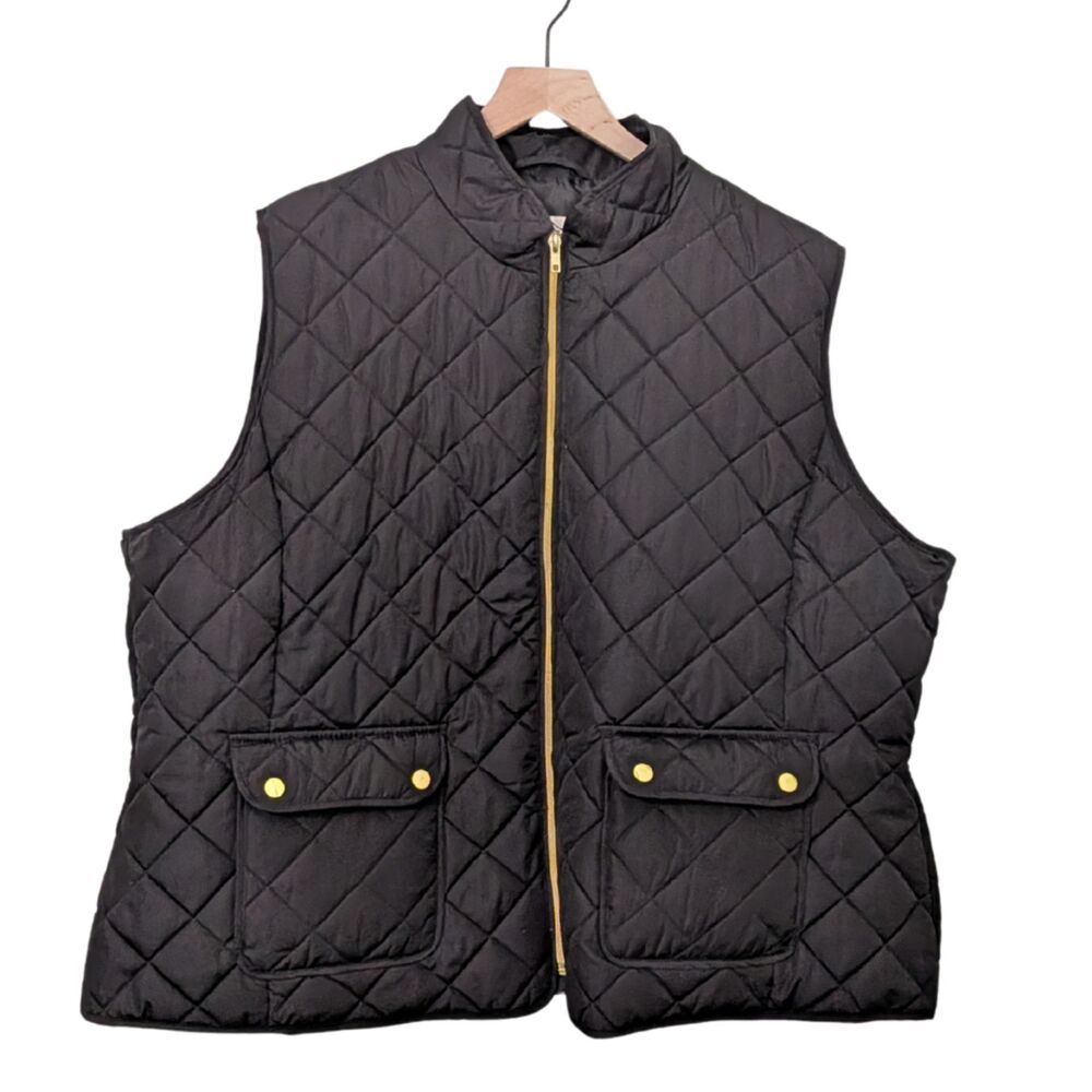 🖤 St. John's Bay Black Quilted Vest Plus Size 3X Gold Zip Puffer