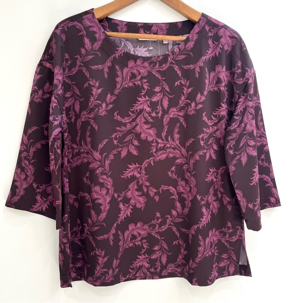 Soft Surroundings Top Womens Selina Wine Botanical Purple Pink Leafy Vine Print