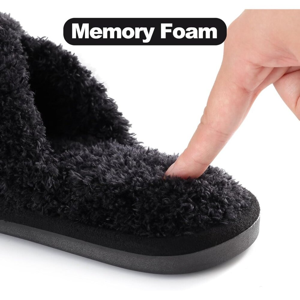 〽️Women's Velvet Black Classic Fuzzy Cross Band Memory Foam Open Toe Slippers - Picture 5 of 7