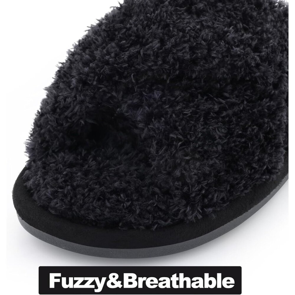 〽️Women's Velvet Black Classic Fuzzy Cross Band Memory Foam Open Toe Slippers - Picture 4 of 7