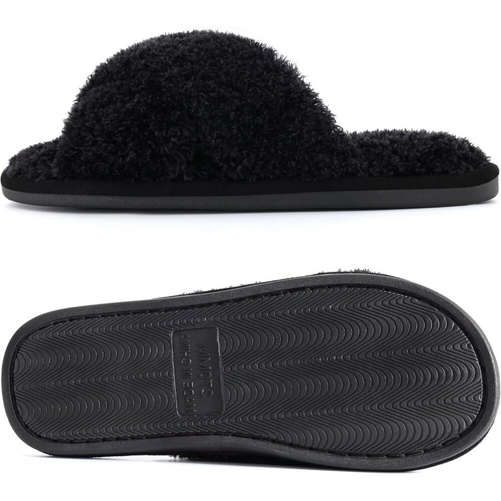 〽️Women's Velvet Black Classic Fuzzy Cross Band Memory Foam Open Toe Slippers - Picture 7 of 7
