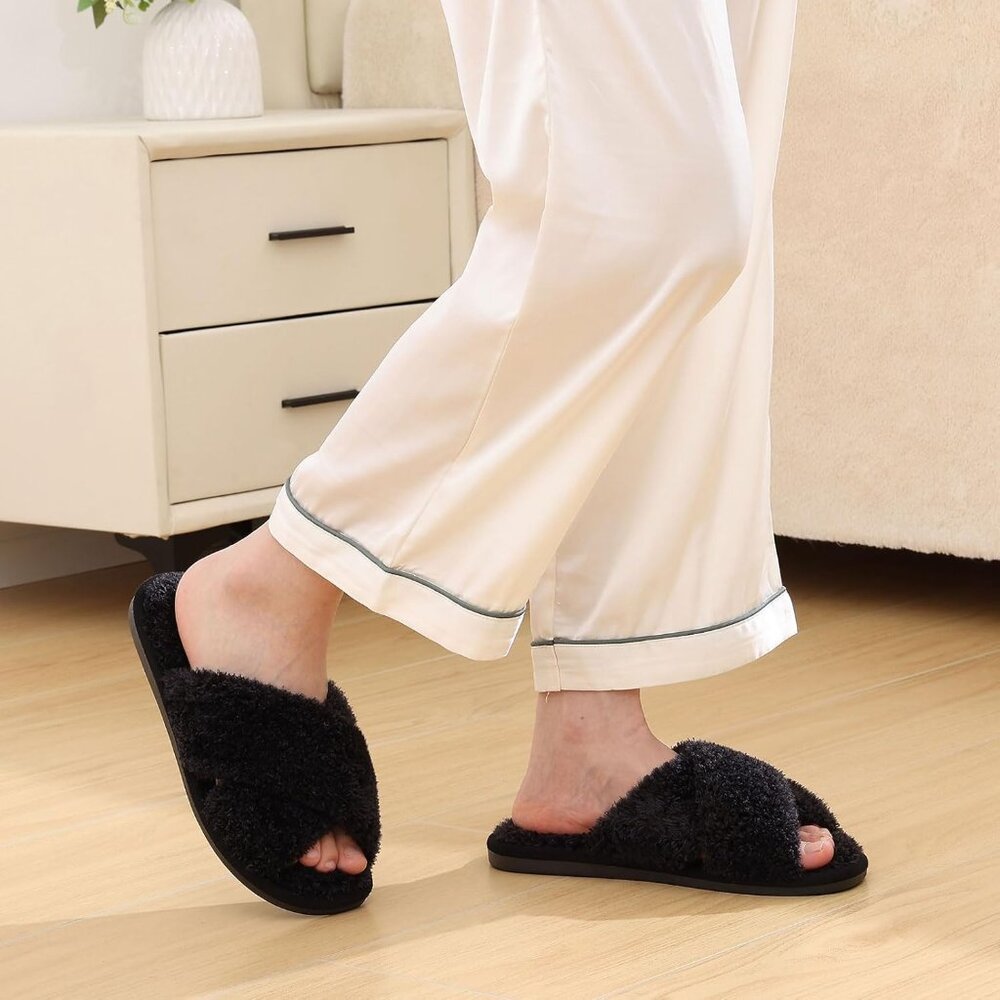 〽️Women's Velvet Black Classic Fuzzy Cross Band Memory Foam Open Toe Slippers - Picture 2 of 7