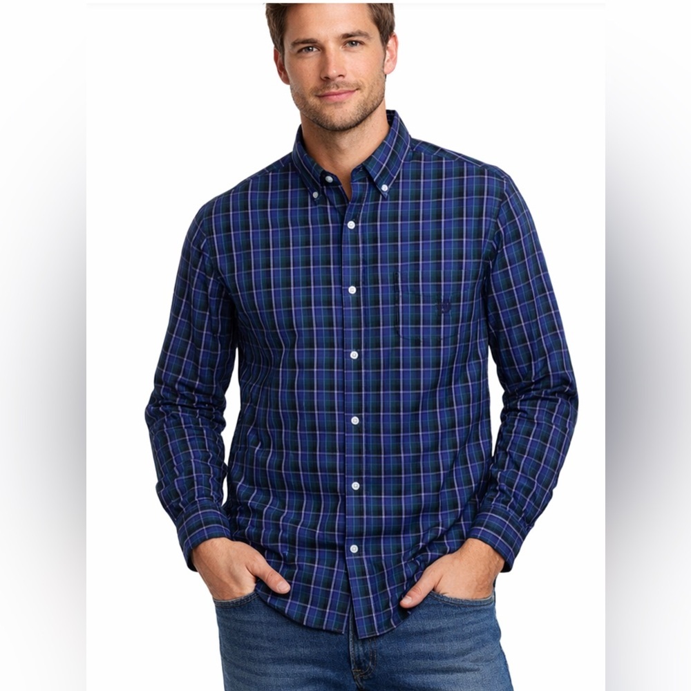 Chaps Easy Care Button Down Shirt Men’s XL Blue Green Plaid Long Sleeve