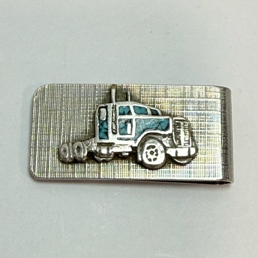 Vintage Silver Tone Semi Truck Money Clip Turquoise Inlay Southwest Style