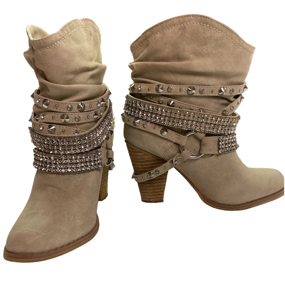 No Brand Light Tan Bling Western 3.5” Stacked Heel Booties Size 6 EUC