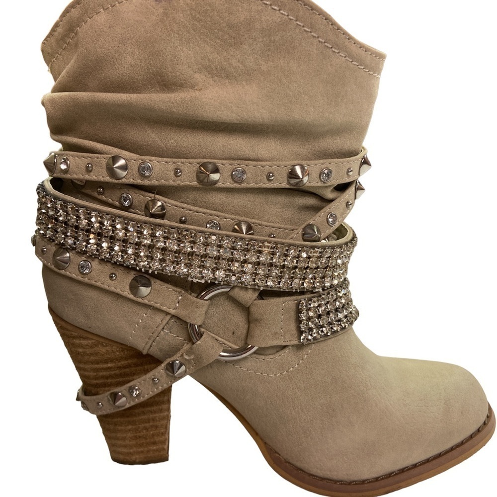 No Brand Light Tan Bling Western 3.5” Stacked Heel Booties Size 6 EUC - Picture 2 of 16