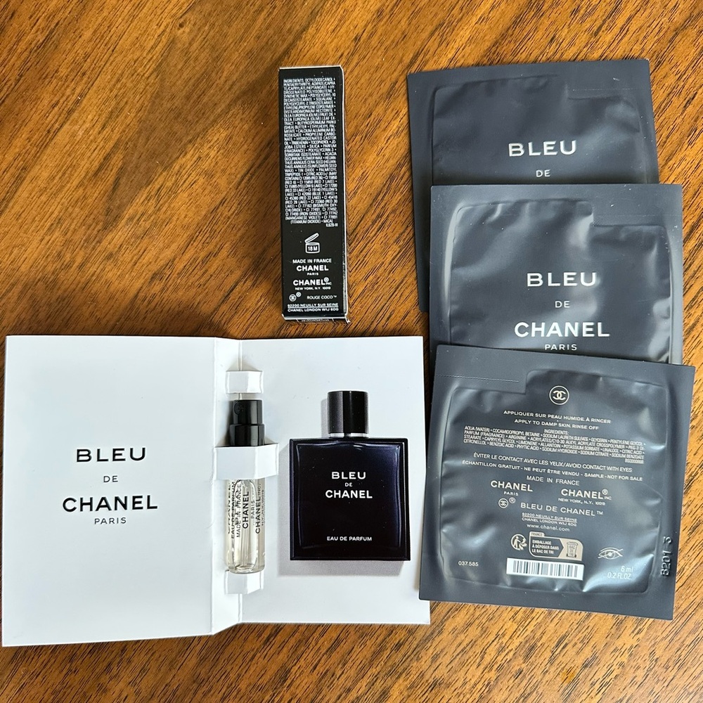 CHANEL Bleu de Chanel Sample Lot | EDP Vial, Skincare Sachets & Rouge Coco Mini - Picture 2 of 2