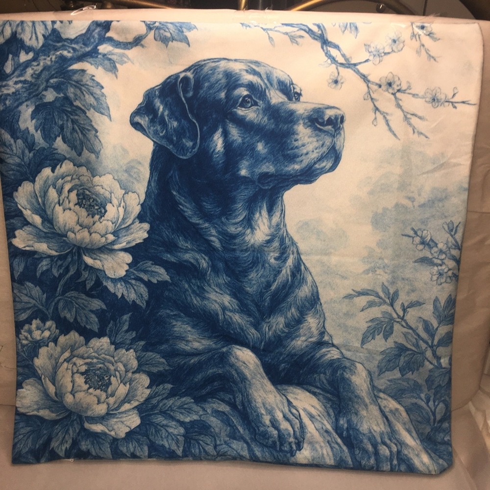 Rottweiler Toile Blue and White Throw Pillow Cover 18"x 18" Zipper