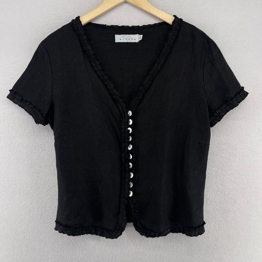 WILLOW Top Womens M Ruffle V-Neck Button Front Cottagecore Short Sleeve Black