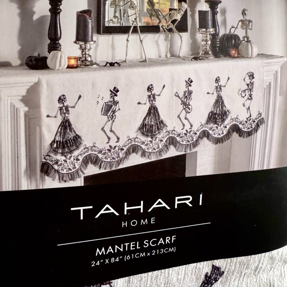 NEW Day of the Dead Dancing Skeletons Tahari Home Mantel Scarf 24 x 84" DOD