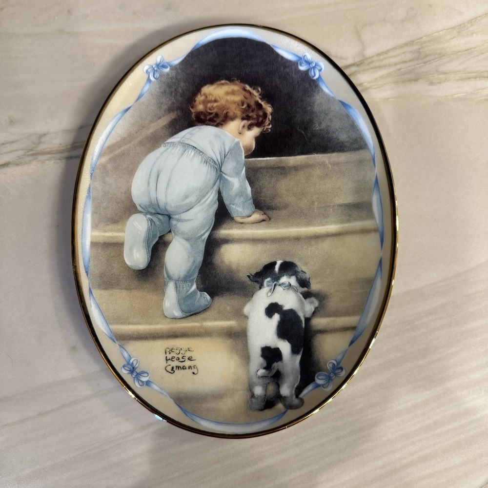 Bessie Pease Gutmann Off to Bed Vintage Oval Ceramic Wall Art Child & Puppy 670