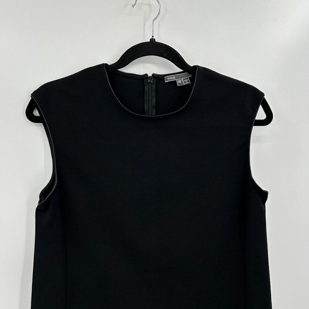 VINCE Black Faux Leather Piping Sleeveless Shift MIni Office Dress Size XS - Picture 3 of 7