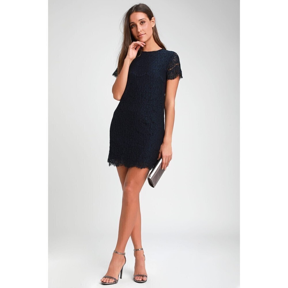 LULUS Take Me to Brunch Navy Blue Lace Shift Mini Cocktail Dress Size Medium
