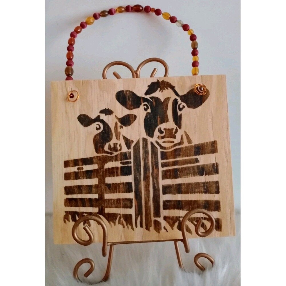 Handmade Cows Wood Burnished 8 3/4" X 8" Beaded Wall Hanging Country Decor New
