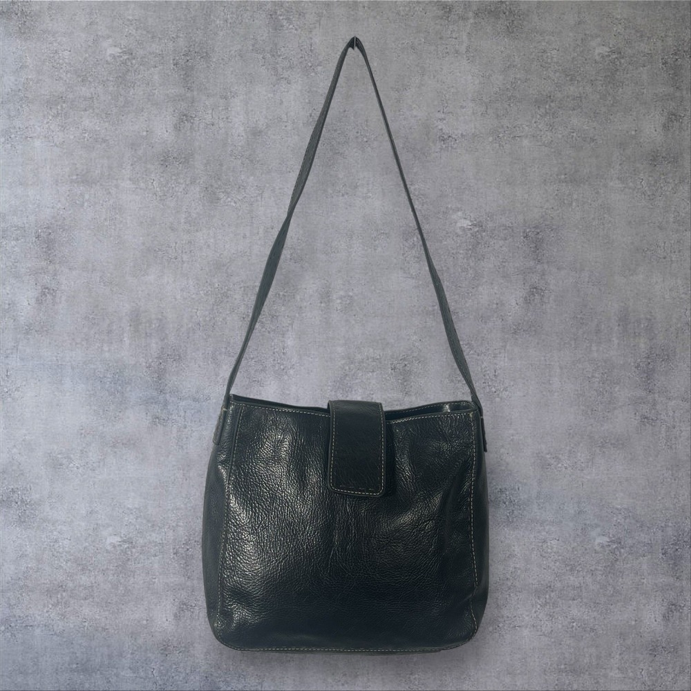 Vintage Fossil Black Leather Hobo Shoulder Bag Purse Contrast Stitching