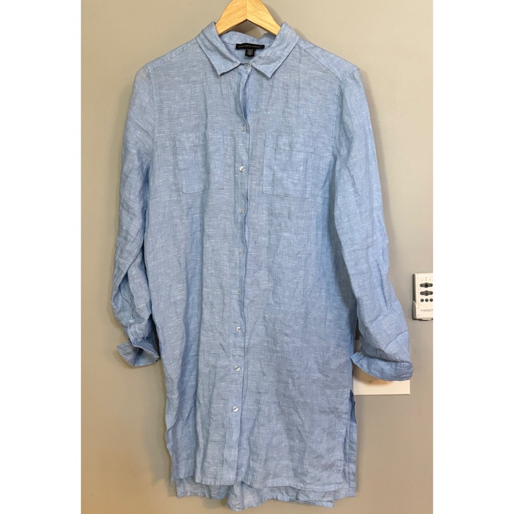 SAKS FIFTH AVENUE Blue‎ Linen Button Front Shirt Dress Rolled Sleeves Size S