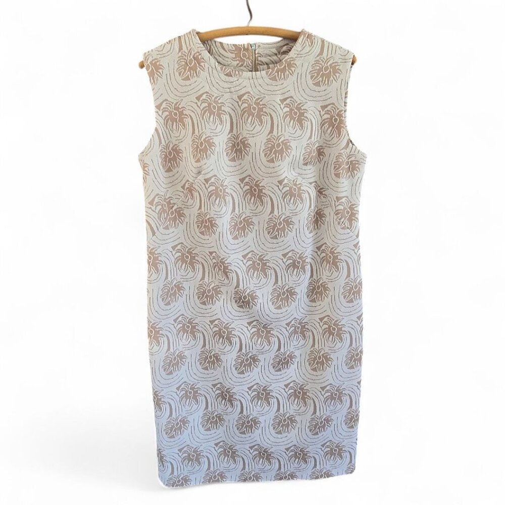 Sleeveless Vintage 1960s Floral Jacquard Shift Dress Beige White Size Medium