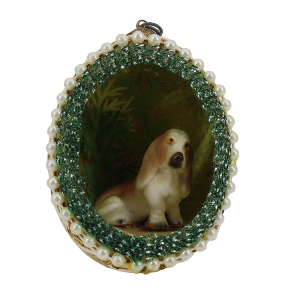 Vintage Handmade Basset Hound Dog Egg Shell Diorama Ornament Embellished Craft