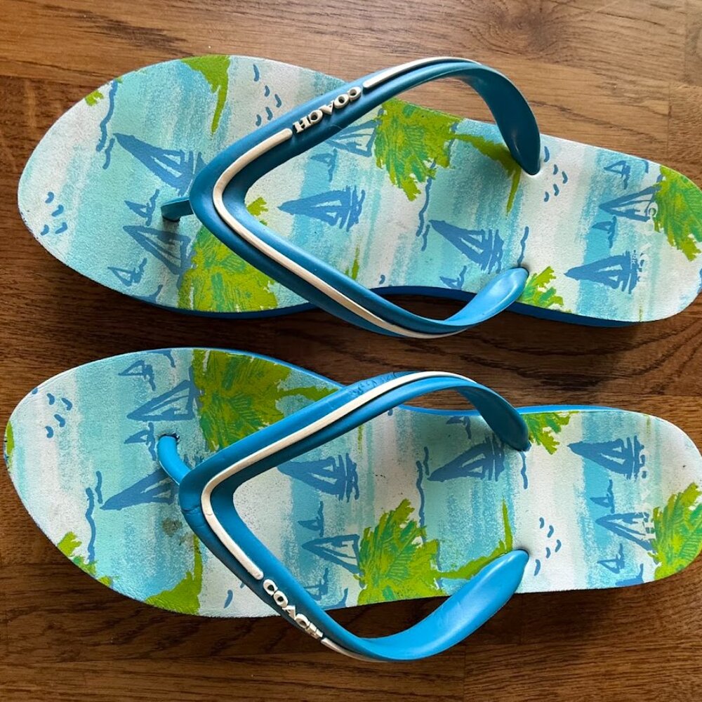 Coach Thong Flip Flops Women 10 Sailboat Blue Beach Pool Virginia Wedge Thong‎