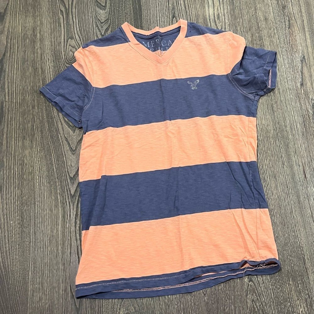 American Eagle Tee Shirt Short Sleeves V-Neck Casual Striped Orange Blue Small