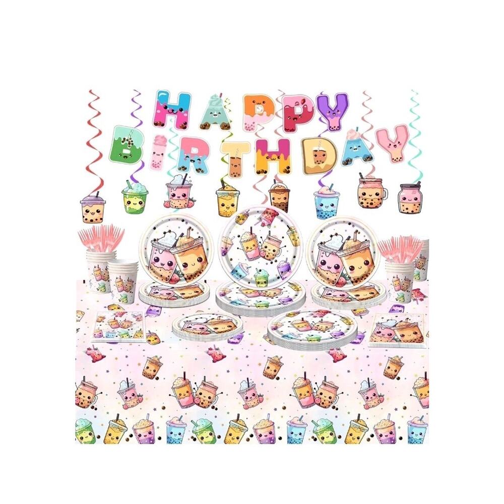 Boba Tea Party Decorations,Bubble Tea Birthday Tableware Set Include Plates Cups