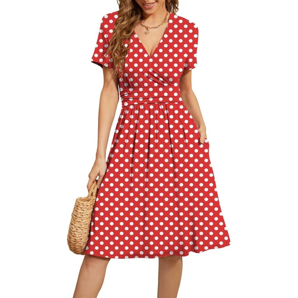 Women Dot Red Short Sleeve V-Neck Floral Stretchy Party Dress with Pockets
