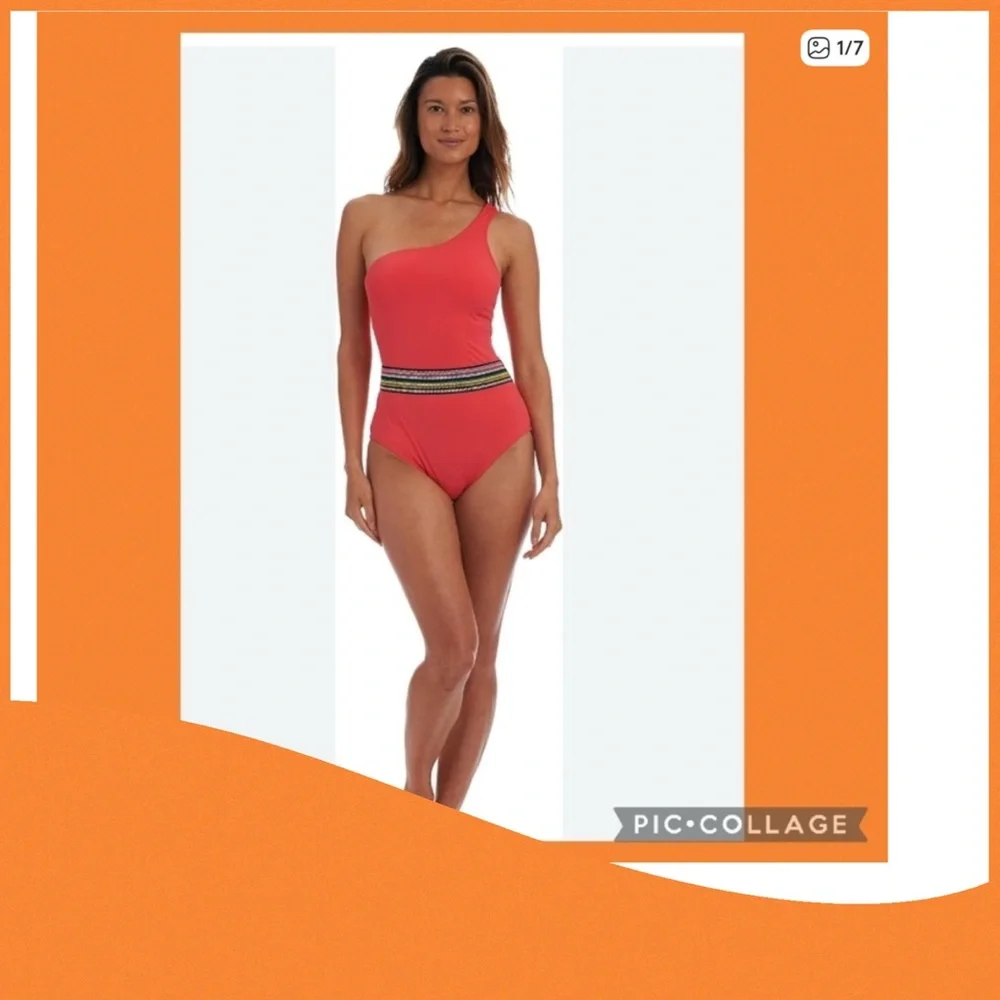 One-Shoulder Coral Swimsuit with Decorative Waistband.46 - Picture 1 of 7