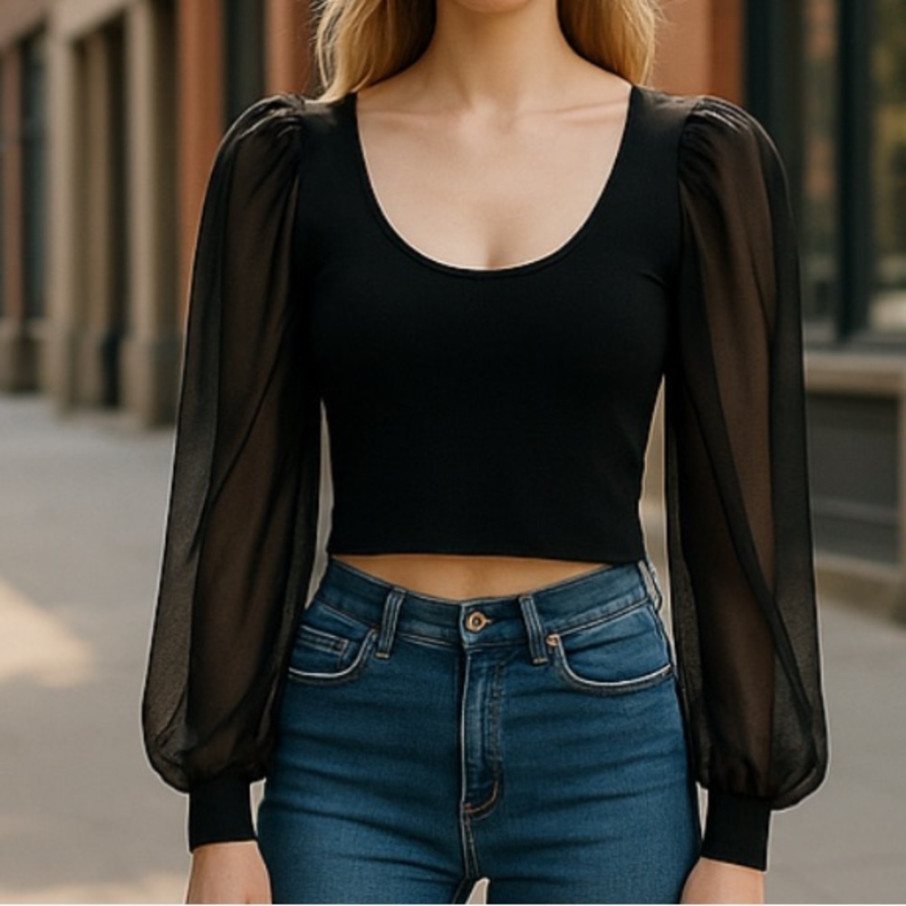 Free People Black Puff-Sleeve Cropped Top