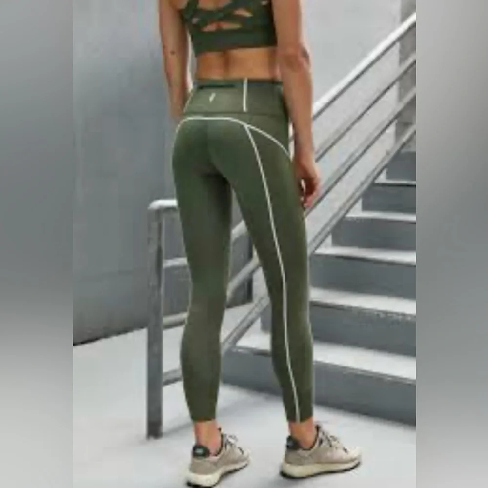 FP Movement by Free People Olive Green High-Waist Leggings with White Piping - Picture 1 of 5