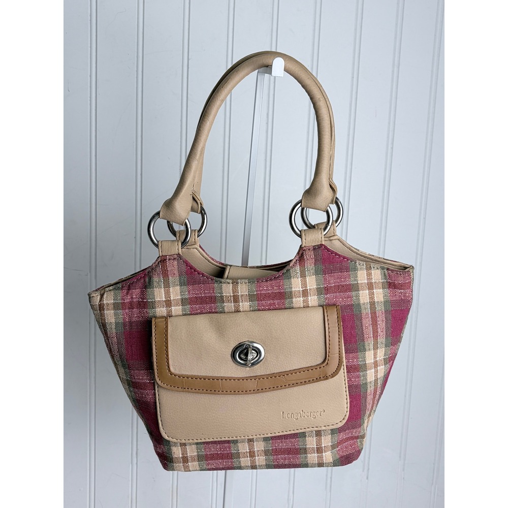 Longaberger Homestead Plaid Shoulder Bag Burgundy Tan Cream Faux Leather Trim