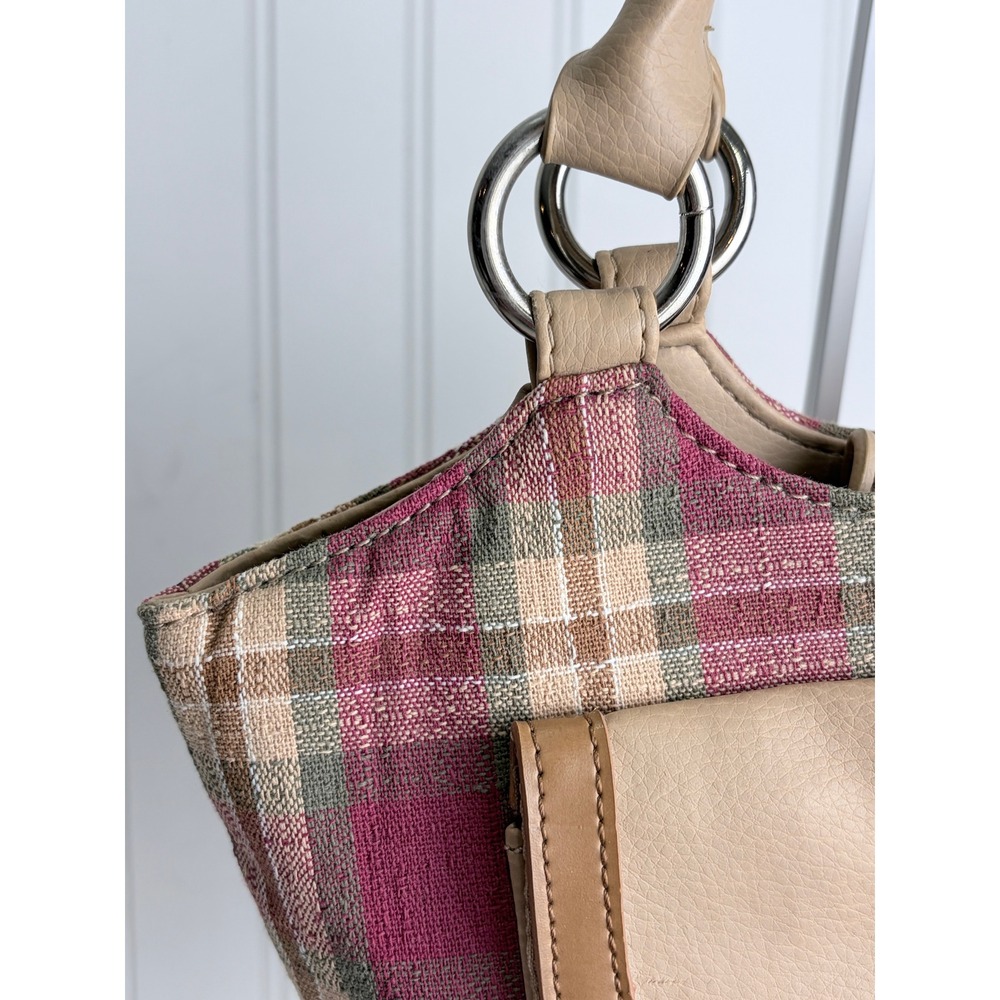 Longaberger Homestead Plaid Shoulder Bag Burgundy Tan Cream Faux Leather Trim - Picture 5 of 10