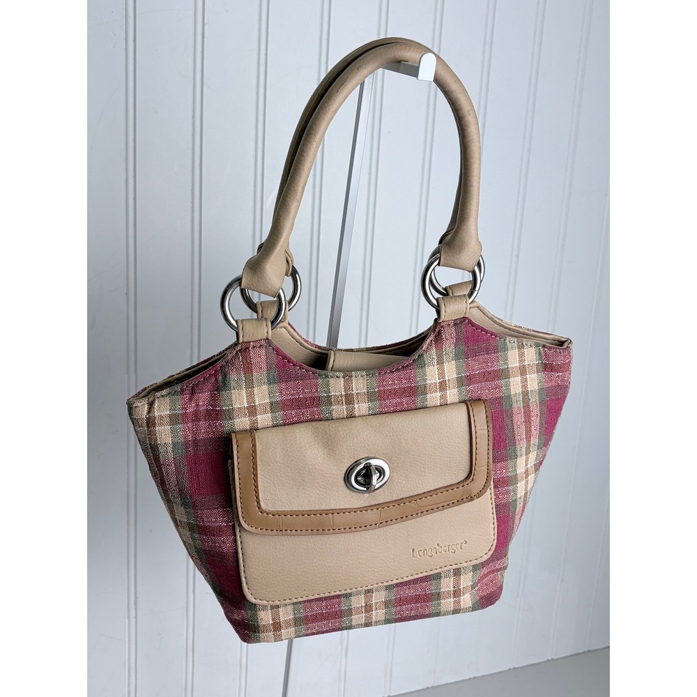 Longaberger Homestead Plaid Shoulder Bag Burgundy Tan Cream Faux Leather Trim - Picture 3 of 10
