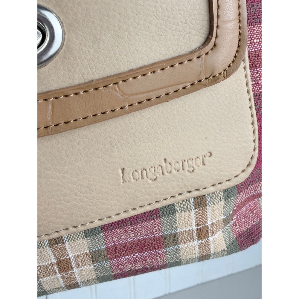 Longaberger Homestead Plaid Shoulder Bag Burgundy Tan Cream Faux Leather Trim - Picture 2 of 10