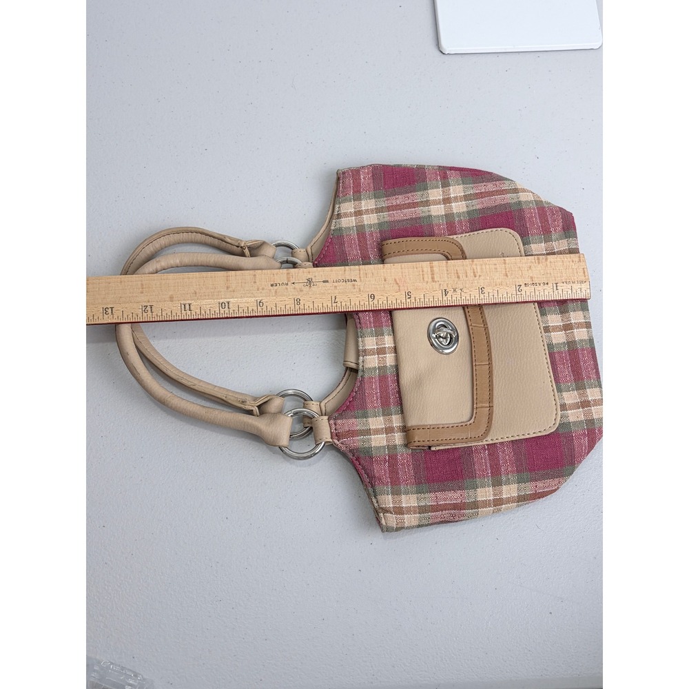 Longaberger Homestead Plaid Shoulder Bag Burgundy Tan Cream Faux Leather Trim - Picture 9 of 10