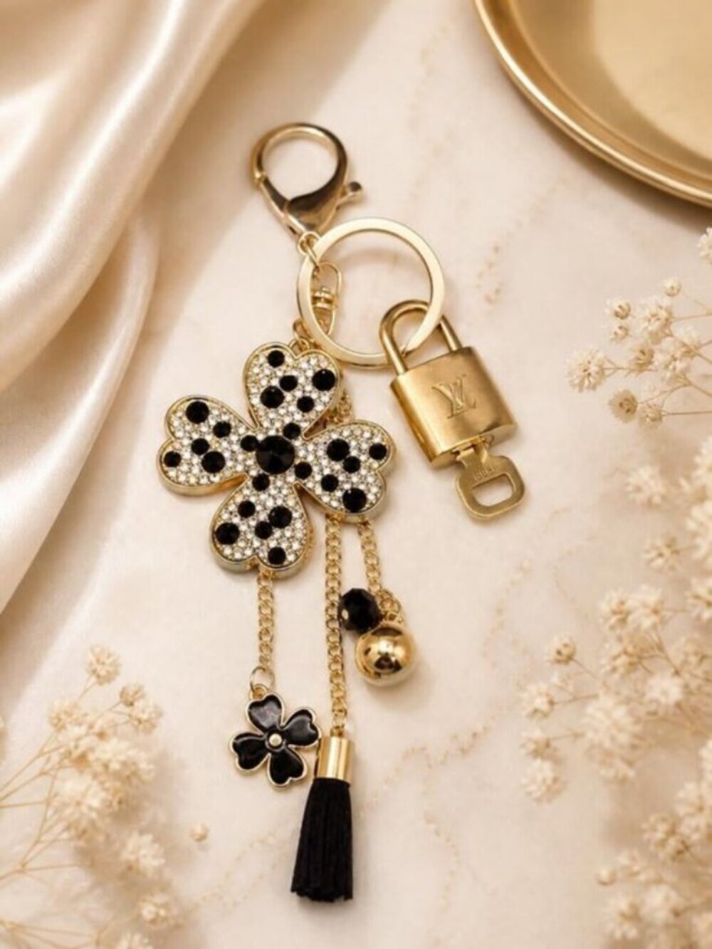 LV Gold Padlock Authentic 🔑 Luxury Bag Charm w/ Unbranded Flower Keychain