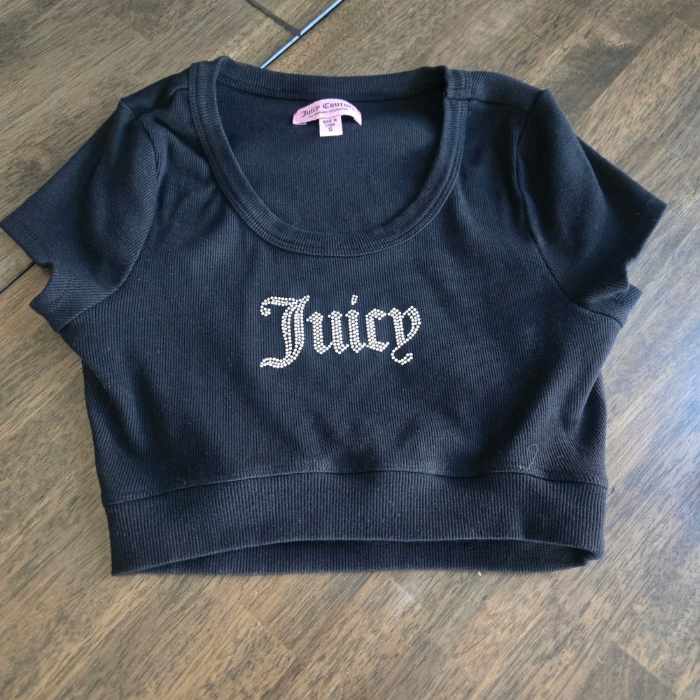 Juicy Couture Black Ribbed Rhinestone Logo Crop Top Short Sleeve Small Y2K