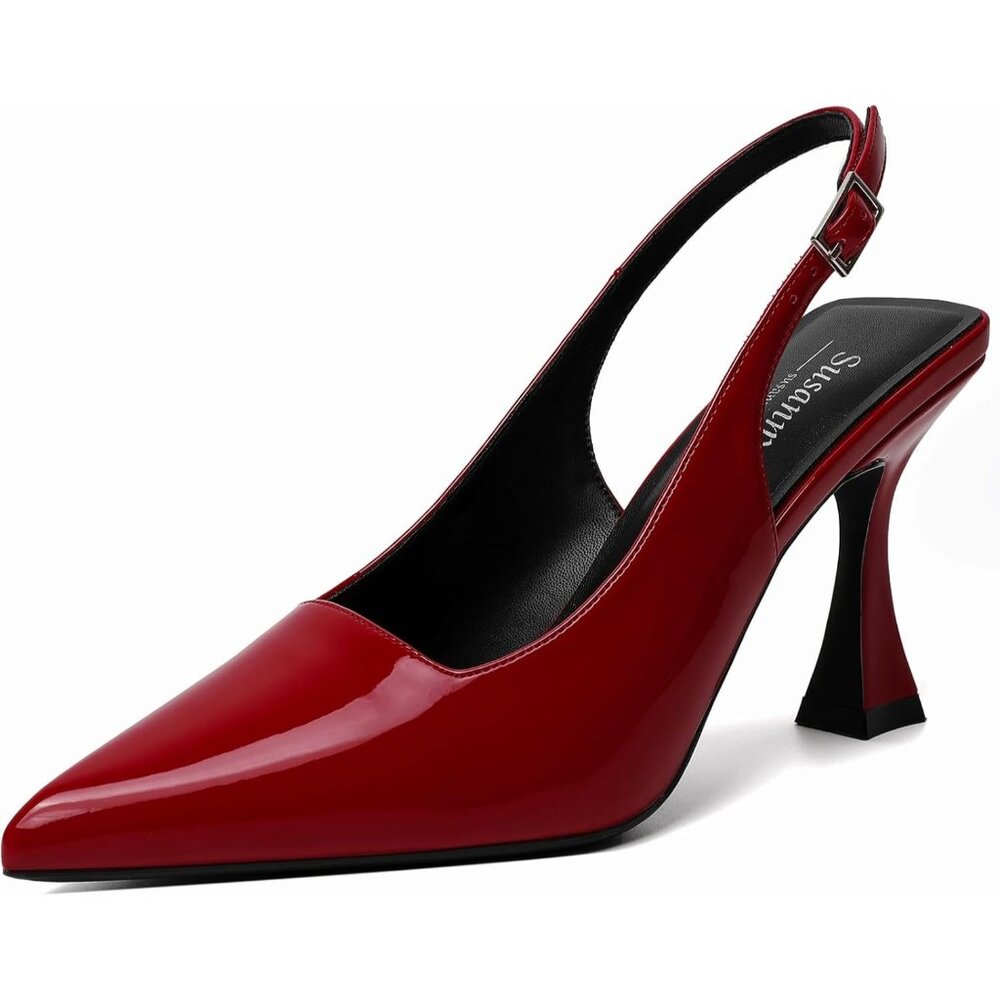Women's Red Chunky Closed Pointy Toe Elegant Stylish Buckle High Heel Shoes