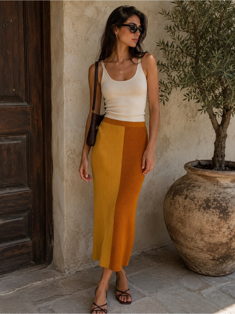 STAUD Two-Tone Ribbed Midi Skirt in Yellow and Orange