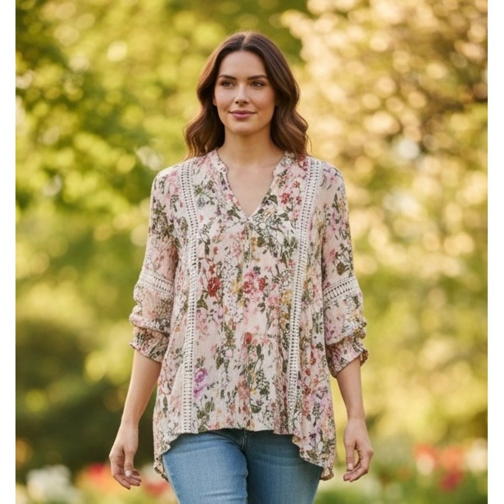 Chelsea & Theodore Floral Boho Blouse Top M Pink Crochet High Low Cottagecore