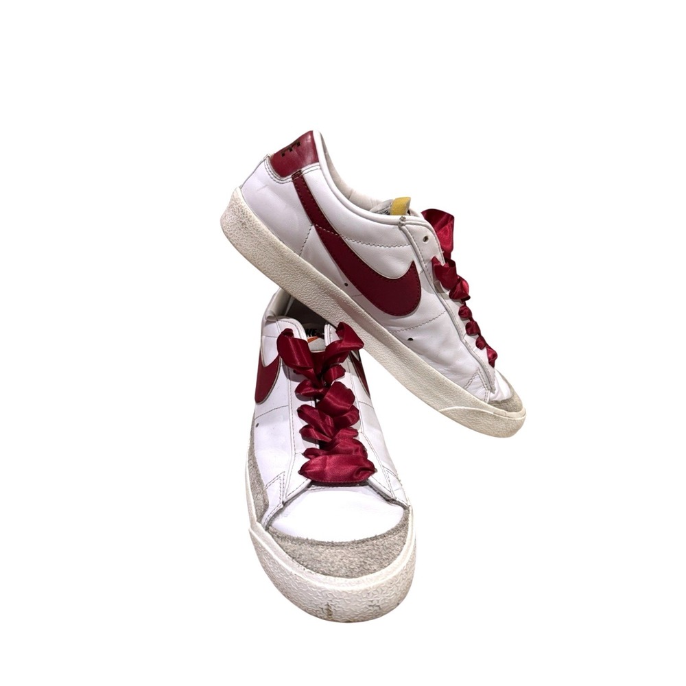Nike Blazer Low Leather Sneakers Burgundy Swoosh Satin Ribbon Laces Women's - Picture 2 of 5