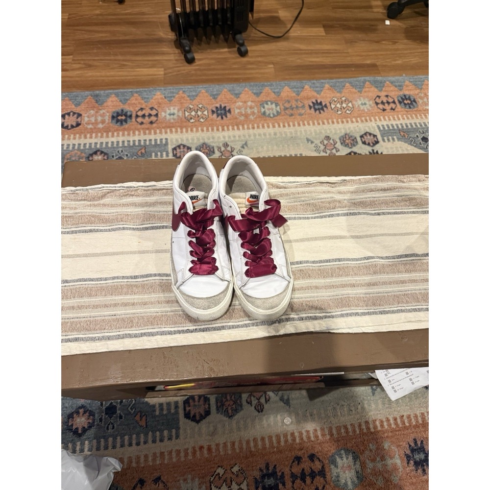 Nike Blazer Low Leather Sneakers Burgundy Swoosh Satin Ribbon Laces Women's - Picture 4 of 5