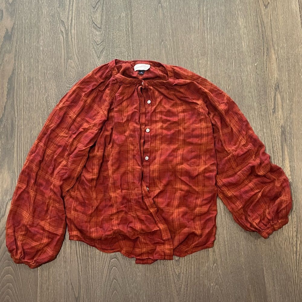 Universal Thread Red Orange Plaid Prarie Blouse Button Down Size M