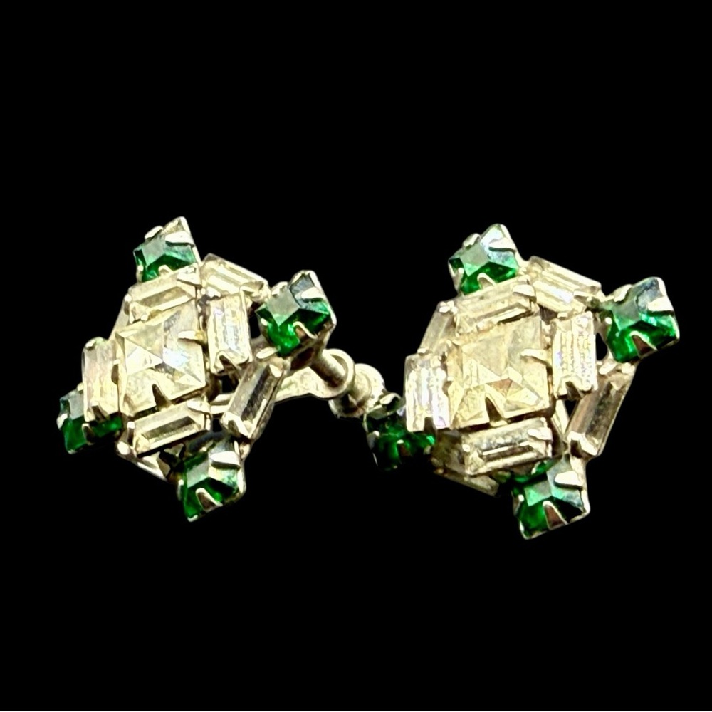 Vintage-Inspired Art Deco Green and Clear Crystal Cluster Earrings