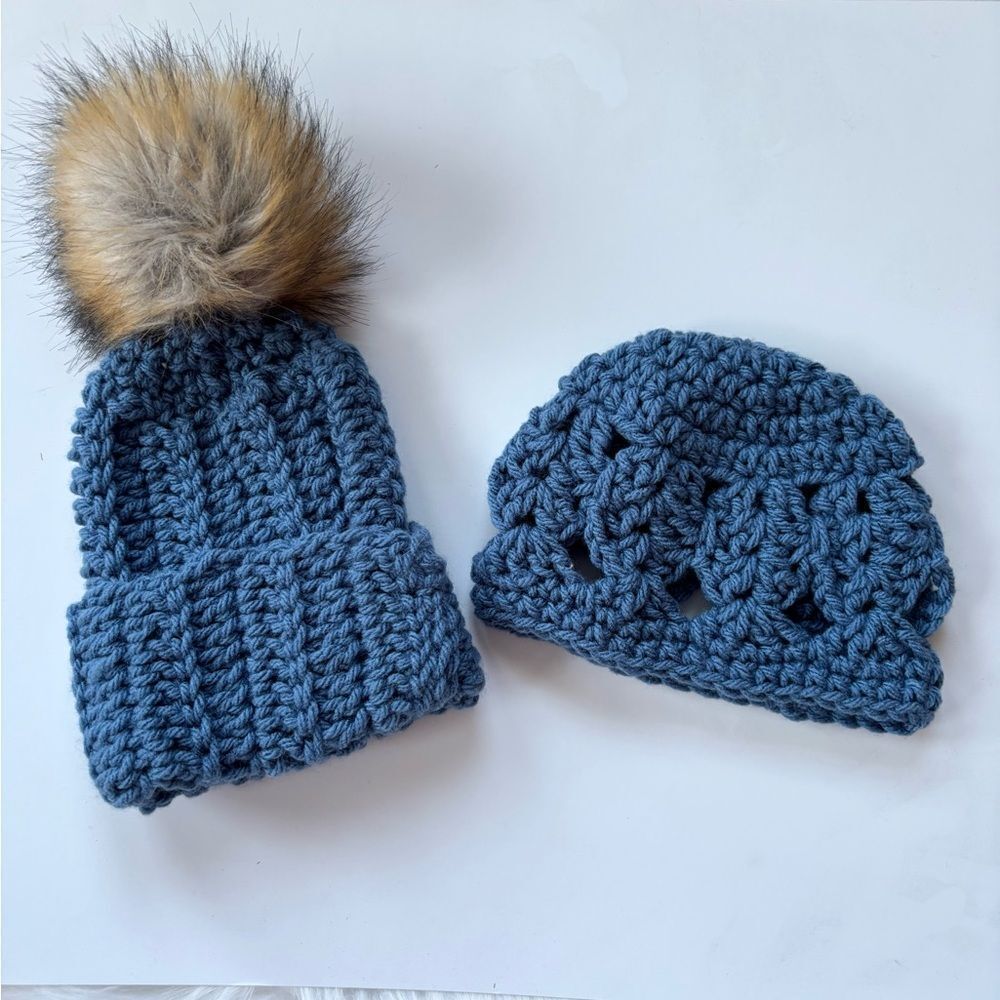 Set of 2 Crochet Baby Hats Blue