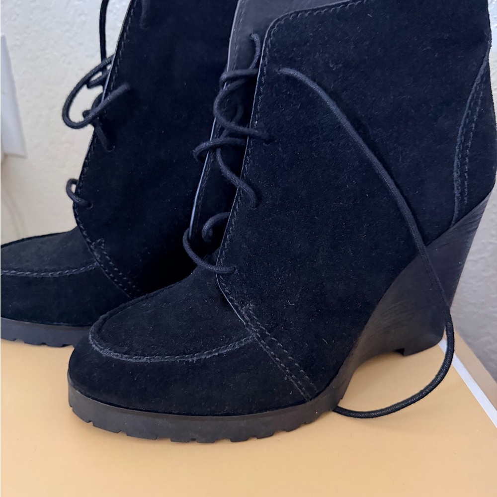 Michael Kors Black Suede Lace-Up Wedge Booties - Picture 3 of 5