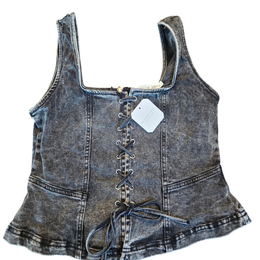 Altar'd State Womens Gray Acid Wash Denim Lace Up Peplum Corset Top TW1926 M