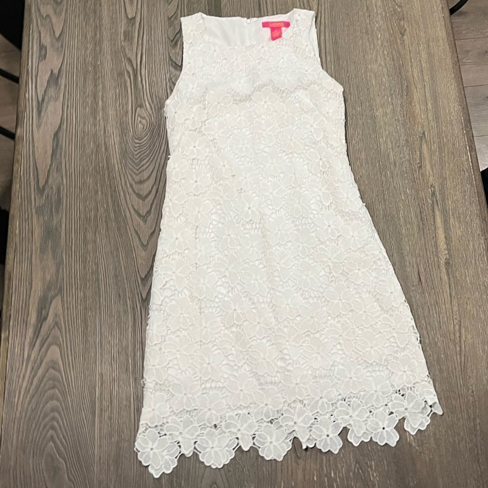 Catherine A-Line Dress Floral Lace Overlay Detail Hem Sleeveless Lined White 8