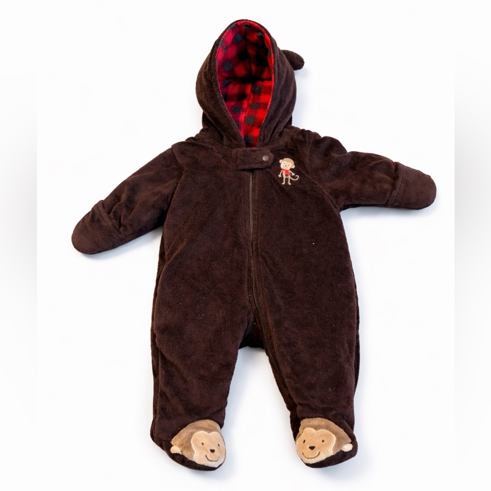 Carter's Brown Fleece Monkey Hooded Footie with Red Plaid Lining