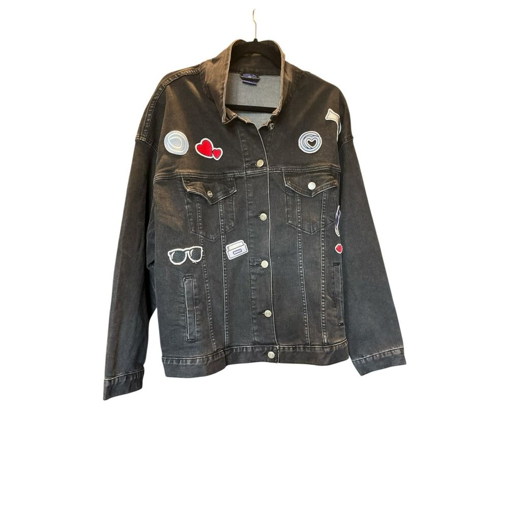 Monat Boss Babe Jacket Womens Large Black Denim Embroidered Patch Graphic Jean - Picture 2 of 6